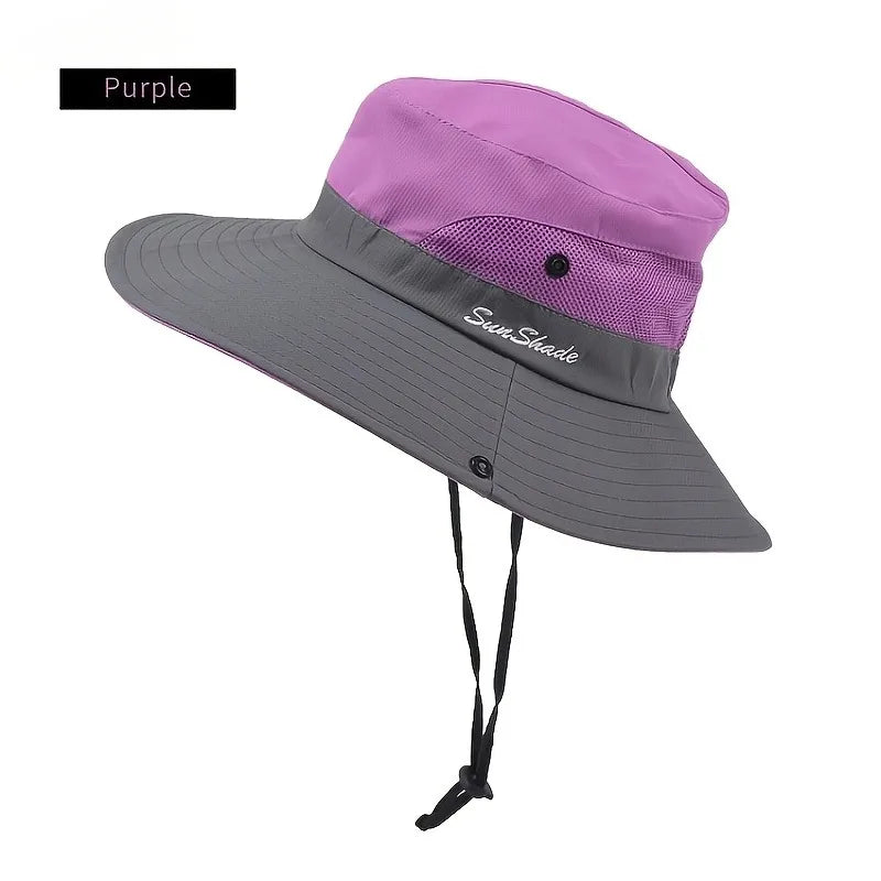 Women's Dual-Tone Sun Hat with Ponytail Hole - Breathable Mesh Waterproof Wide Brim for Beach & Fishing for Spring, Summer