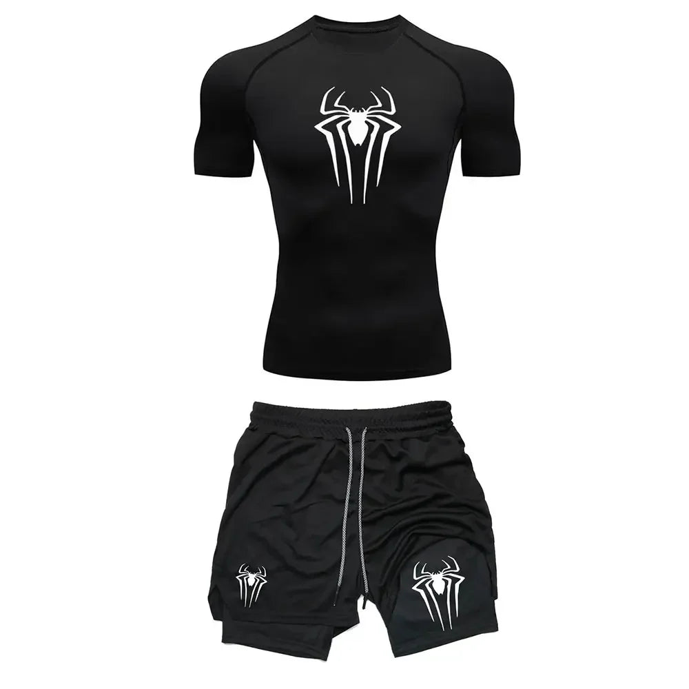 Herrträningskomprimering set y2k spindel tryckt gym tshirts andningsbara löpning shorts snabb torr sport utslag skydd sportkläder set