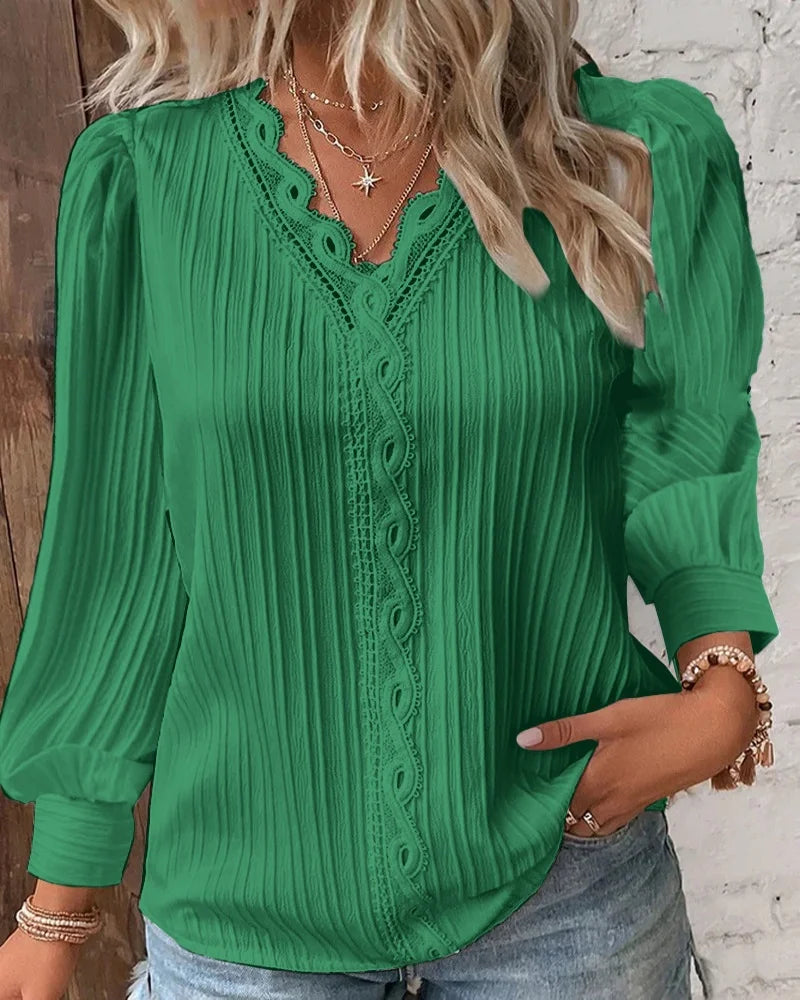 Elegant sommer hul blonder patchwork kvinder shirt chic blouse v nakke langærmet shirt almindelig blonder afslappet grundlæggende regelmæssige toppe