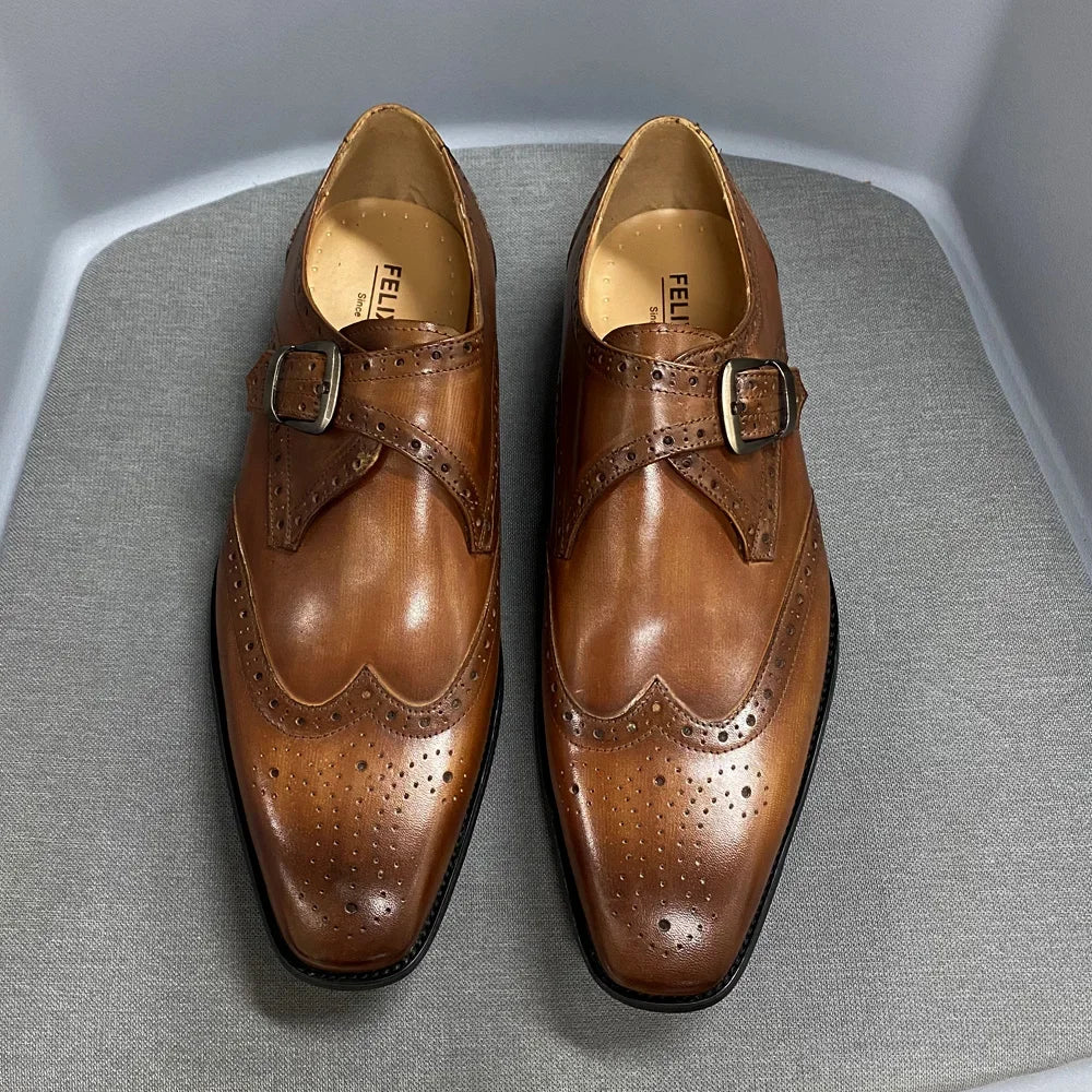 Men's Luxury Genuine Leather Wingtip Oxfords Italian Monk Strap Buckle Brogue Dress Shoes for Business Wedding Formal Wear