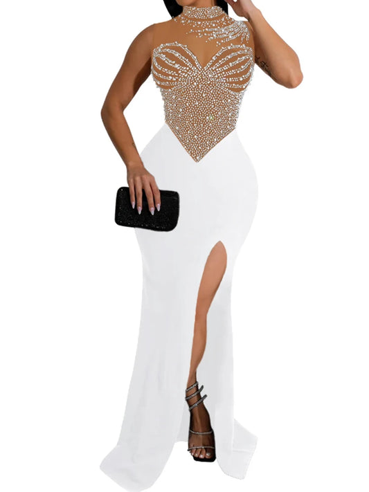 Mulheres Mesh retalhos de retalhos de shiestone miçangas vestido de festa da sereia do chão