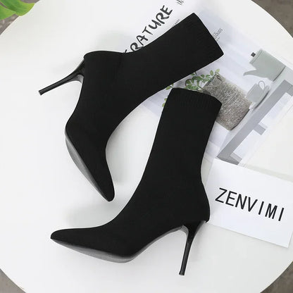 Stivali da calzino sexy stivali da allungamento a maglia tacchi alti per donne scarpe alla moda 2024 stivali caviglia autunno primaverili femminile