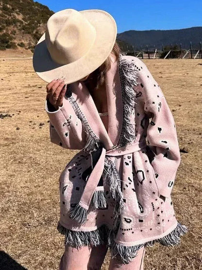 Boho Inspired Women's elegant Belt cashmere cardigan women High quality Wool Tassels jacquard grey knit cardigan long oversized