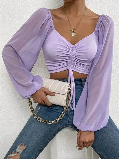 2024 Spring Summer New Sexy V-neck Chiffon Drawstring Lantern Sleeve Tight Fashion Sexy Short Style Waist Long Sleeve Shirt Top