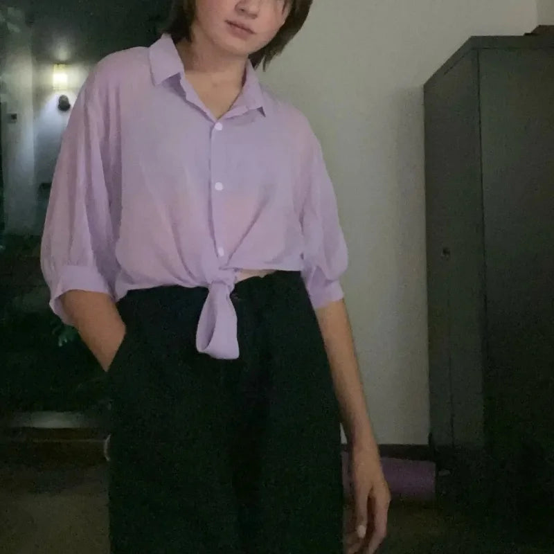 Casual Loose Hollow White Clothes Elegant Solid Color Tied Waist Blouse Women Summer Bat Half Sleeve Button Chiffon Shirt