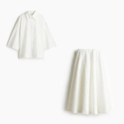Elegant skjorta kjol set kvinnor lapel långärmad lös t-shirt hög midja veckade långa kjolar kostymer 2025 sommargata lady set