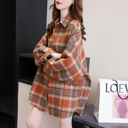 Koszula w kratę Kobiety jesienne długie rękawie Top żeńska moda moda pojedyncza piersi panie w stylu Preppy Style luźne koszule