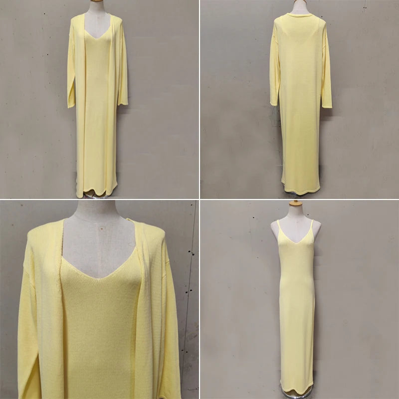 Tuularose žene dugačka haljina 2 komada solidna pletena špageta haljina s dugim rukavima kardigan set casual modne ženke set set