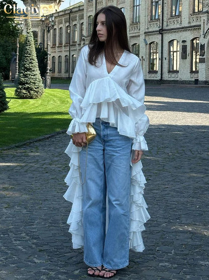 Clacive sexy camicia da donna bianca sciolta 2025 camicie a maniche lunghe a v-collo