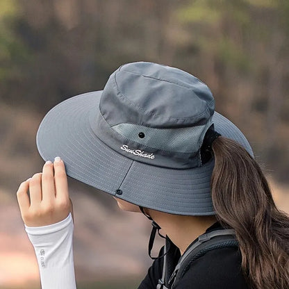Xinbaoguan 100% polyester 9002 Sommar utomhus solhatt, andningsbar solhatt, fällbar solhatt, kvinnlig hästsvans hål fiskare hatt