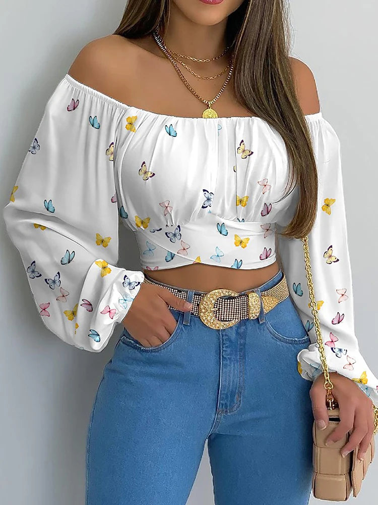 Frauen sexy Off Schulterbluse Chic und elegantes Drucklaterne Langarm Langarm Schnürbeuge geschnittene Tops Casual Slim Shirts 2024
