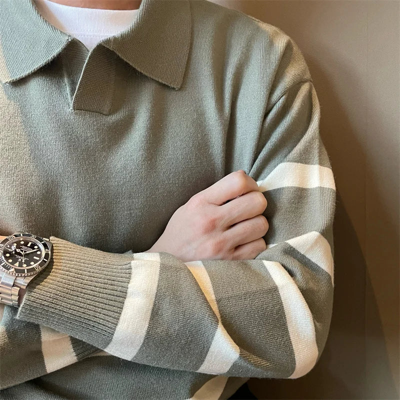 Efterår enkel lapel stribet sweater til mænd afslappet vintage koreansk mode strikstøj top ny y2k løs strikket pullover jumper