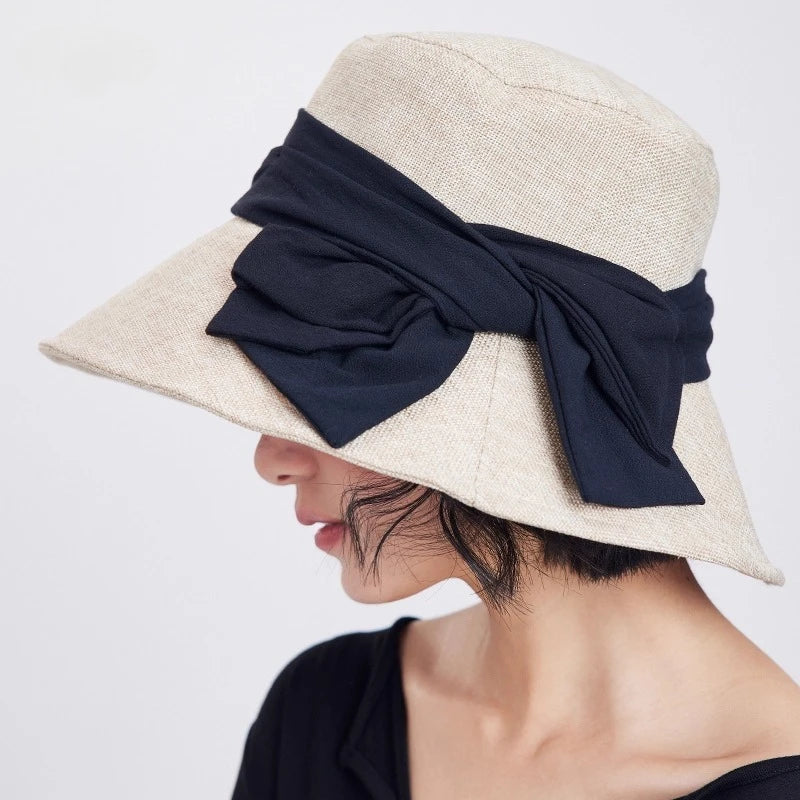 USPOP Elegant Wide Brim Cotton Linen Bucket Hat for Women Summer Sun Hat with Bow Foldable UV Protection Beach Hat