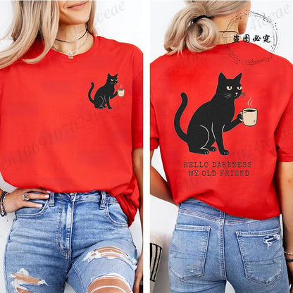 Labava grafička hellom tamnes smiješna majica crni mačji print majica kratki rukavi vrat casual vrh za ljetnu halloween žensku odjeću