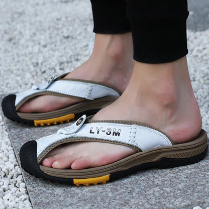 Ósvikinn kú leðurskór karlar sandalar flip flops karlkyns