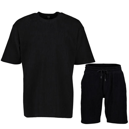 2025 Men's Summer Sports Casual Solid Color Striped Suit Loose Crew Neck Short-sleeved Drawstring Shorts Two-piece Set
