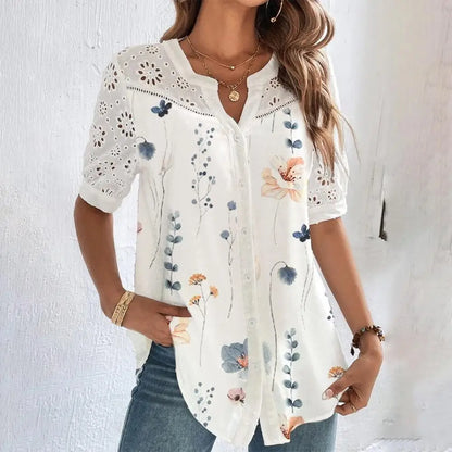 Temperamento Camisa de encaje casual Moda Fashion Camiseta suelta Mujer Elegante Manga corta Blusa Fin de semana