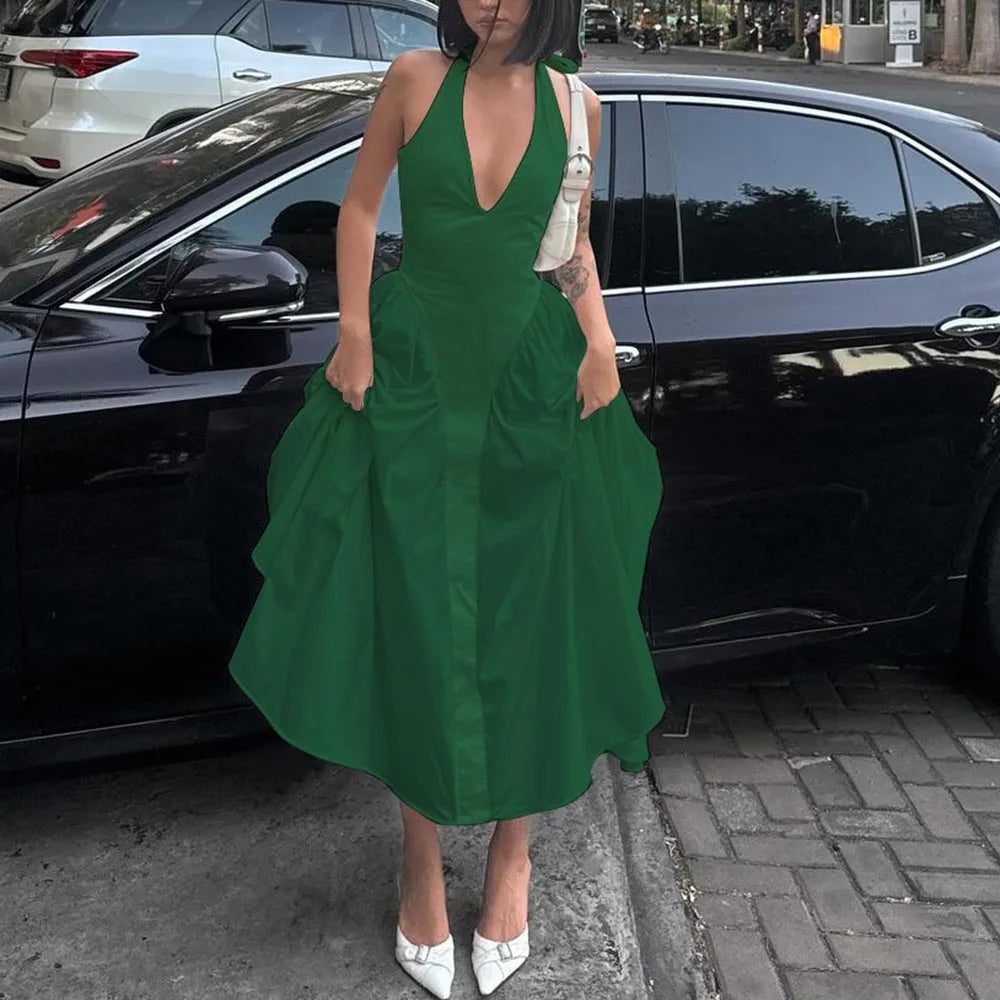 Talenza Backless Deep V Spliced Long Dress Summer Women's Sexy Party Kjole Halter Ny mode Slim hvid ærmeløs lang kjole