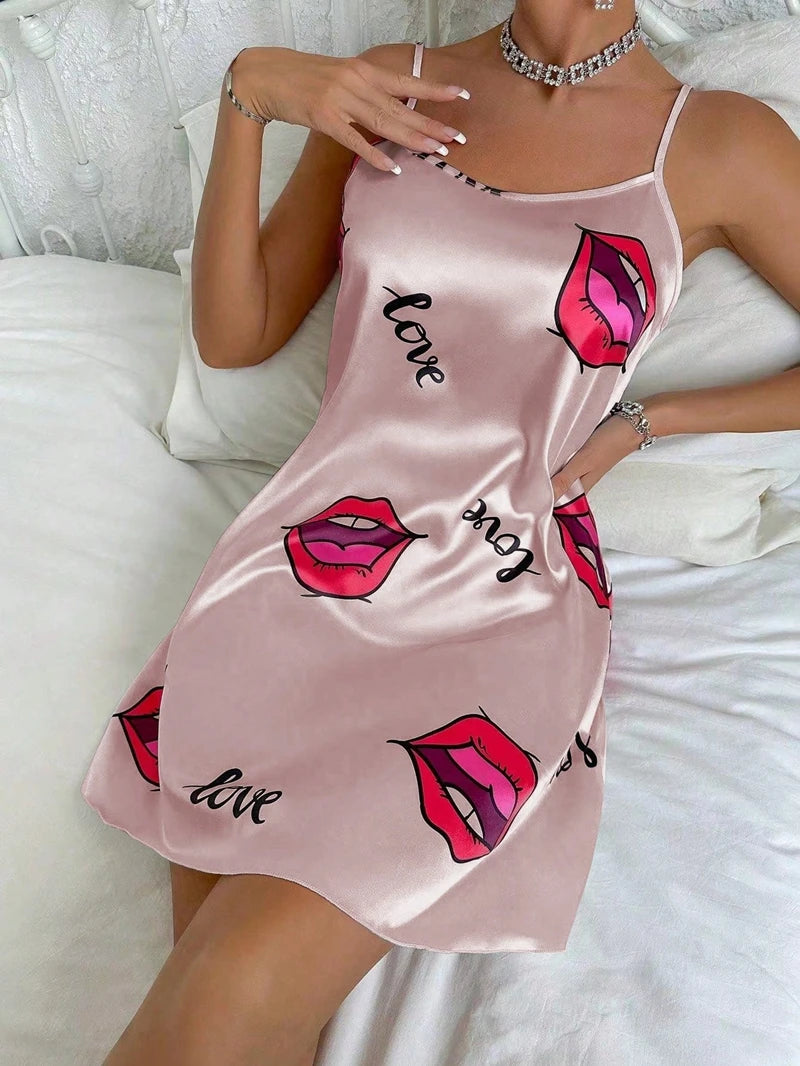 Butterfiles Print Nightgown Elegant Satin Slip Dress Smooth Shiny Texture Soft Touch Fit Women's Cozy Sleepdress Homewear