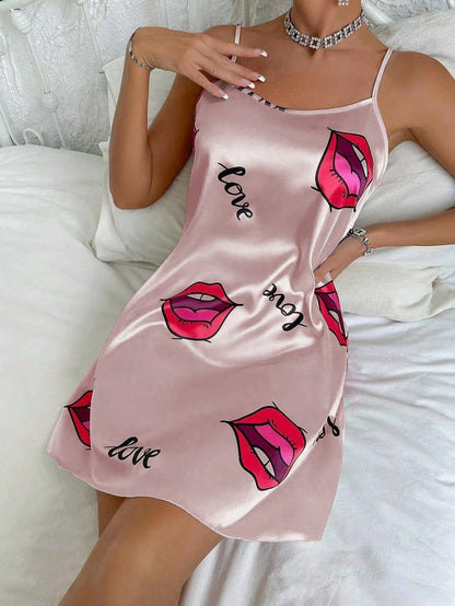 Butterfiles Print Nightgown Elegant Satin Slip Dress Smooth Shiny Texture Soft Touch Fit Women's Cozy Sleepdress Homewear