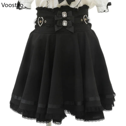 Gothic Lolita trak dvojna premca z visokim pasom krilo ženske sladke bisere Buckle čipkaste krilo japonsko luštno a-line mini krila