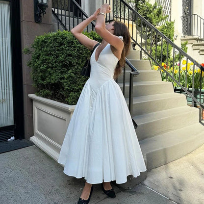 Talenza Backless Deep V Spliced Long Dress Summer Women's Sexy Party Kjole Halter Ny mode Slim hvid ærmeløs lang kjole