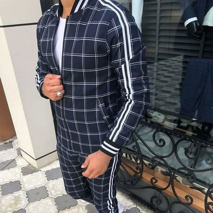 2025 Herbst Herum Männer Tracksuit 2pc Set Plaid Zipper Sweatshirt Jacke Langes Hosen Freigelegte Fitnessstudio Running Jogging Outfit Fleece Sportswear