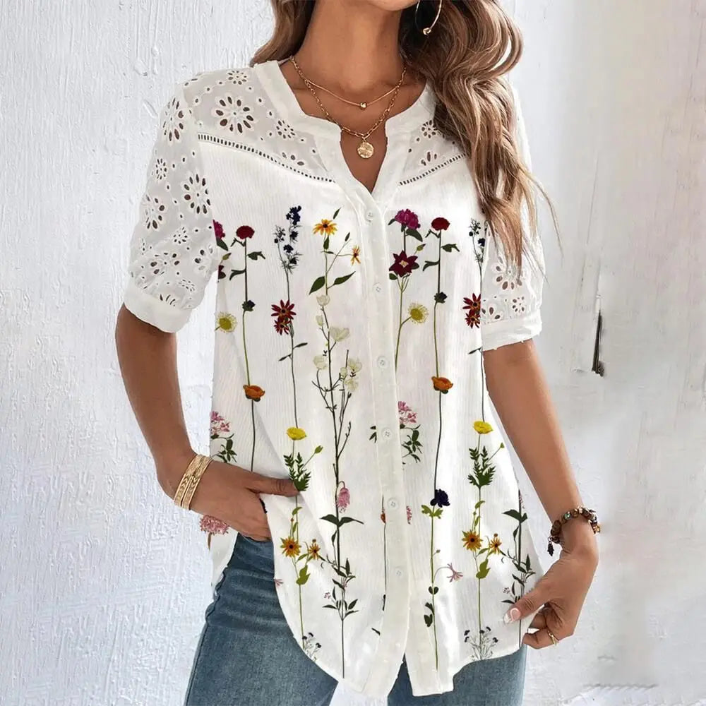 Temperamento Camisa de encaje casual Moda Fashion Camiseta suelta Mujer Elegante Manga corta Blusa Fin de semana