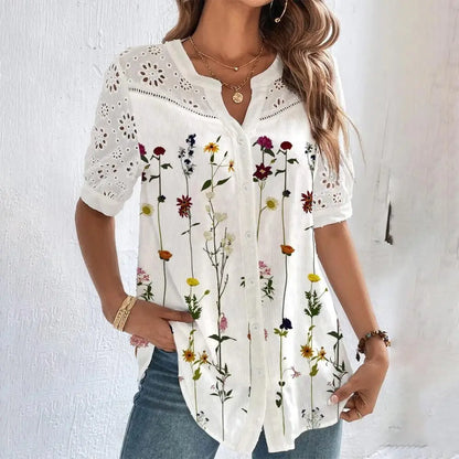 Temperamento Camisa de encaje casual Moda Fashion Camiseta suelta Mujer Elegante Manga corta Blusa Fin de semana