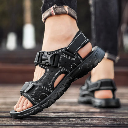 Summer Men Sandals PU Leather Lightweight Open Toe Flat Mens Casual Shoes Outdoor Walking Sandals for Men Beach Shoes Size 39-46