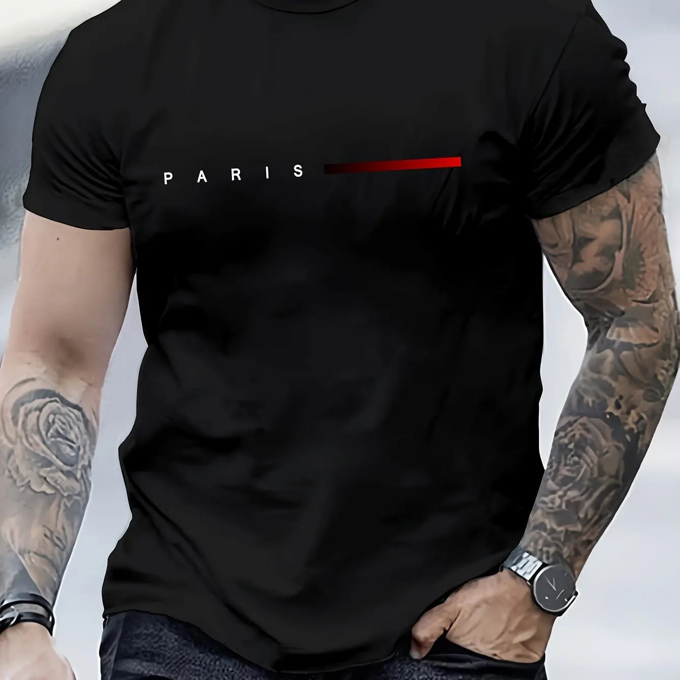 Men's 100% Cotton Summer Loose Paris Creative Letter Impresión Casual Slim Fit Red Lim Camiseta Camiseta de manga corta Top