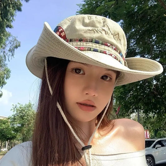 Denim fabric Cowboy Bucket Hat with Windproof Strap Wide Brim Fisherman Cap Sun Protection Mountaineering Caps