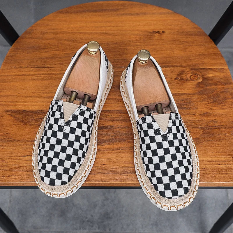 Mænd lærred afslappet sko til mand forår sommer mode rutede flade fiskersko Nye design slip-on loafers