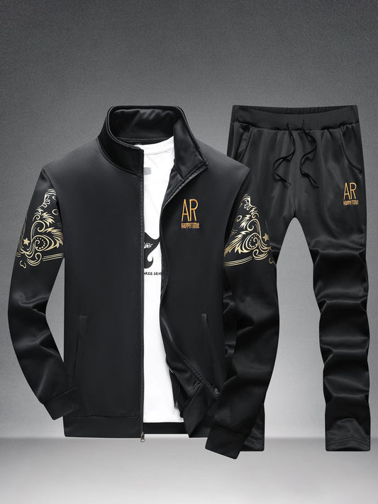 Spring and Autumn men's casual stand - collar sports suit, embroidered cardigan jacket, elastic waist straight - leg pants for m
