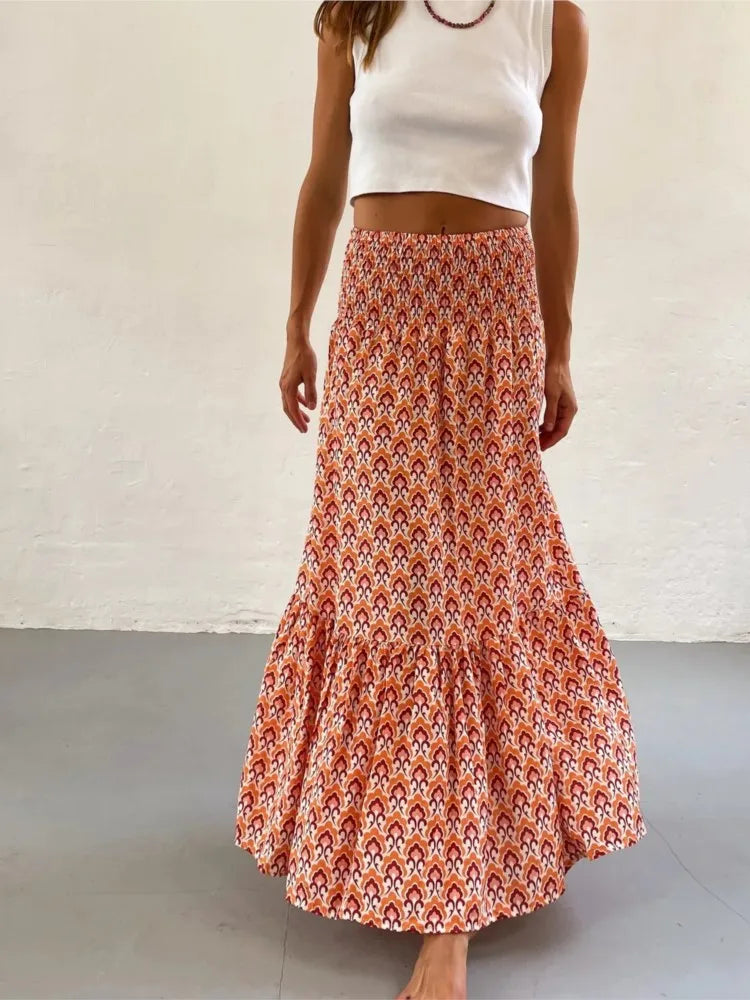 Faldas boho casuales para mujeres nuevas primavera de verano Fashion vintage flojo cintura con estampado floral estilo ético playa maxi falda