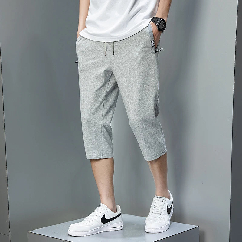 Summer Zip Pockets Sweat Shorts Men Sportswear 3/4 Capris Pants Breathable Cotton Straight Breeches Short Pants Big Size 8XL