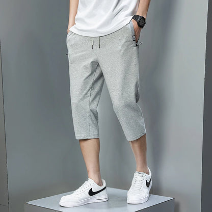 Summer Zip Pockets Sweat Shorts Men Sportswear 3/4 Capris Pants Breathable Cotton Straight Breeches Short Pants Big Size 8XL