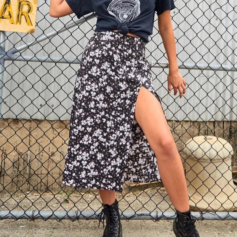Vintage Skirt Summer Flower Leopard Print High Waist Stretch Long Skirt for Women A-Line Skirts Fashion Beach Maxi Skirt