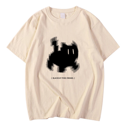 Koreanska mode kvinnors t-shirts svart katt pixel tecknade tryck toppar bekväma mjuka o-hals lösa korta ärm kvinnliga kläder