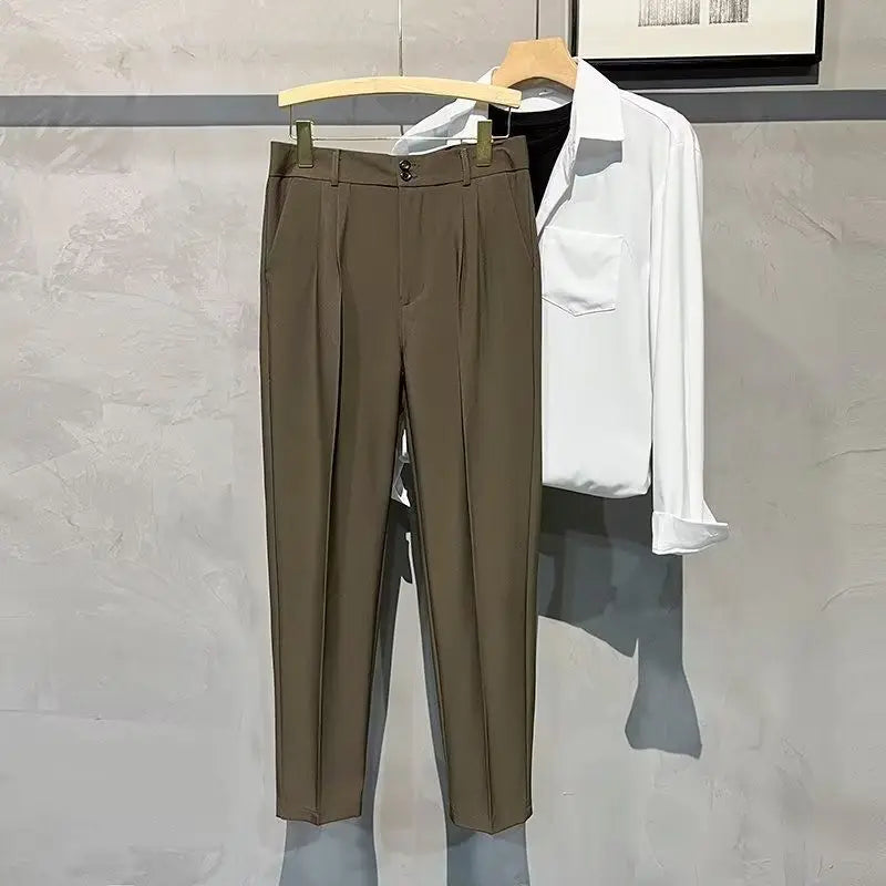 Straight Slim Fit Man 9 Cropped Suits Pants Vintage Elegant Suit Trousers for Men Summer 2025 Work Wear Fashion Luxury Clothing