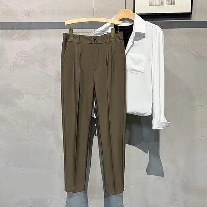 Straight Slim Fit Man 9 Cropped Suits Pants Vintage Elegant Suit Trousers for Men Summer 2025 Work Wear Fashion Luxury Clothing