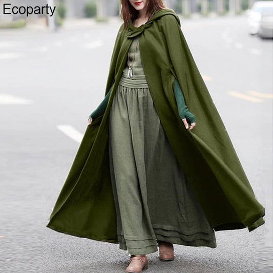 Women Long Cape Cloak Stylish Hooded Wool Blend Cloak Coat Ladies Autumn Hoodies Poncho Warm Cosplay Jackets Outwear Windbreaker