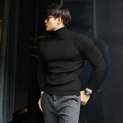 Nya mäns Turtleneck -tröjor Höststickad randig streetwear varm långärmad pullover fast färg Basic Style Casual Tops