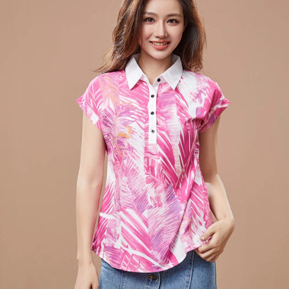 Žene proljetni ljetni stil šifonske bluze Lady casual kratki rukav skretanje ovratnika tiskani casual labavi vrhovi df3548