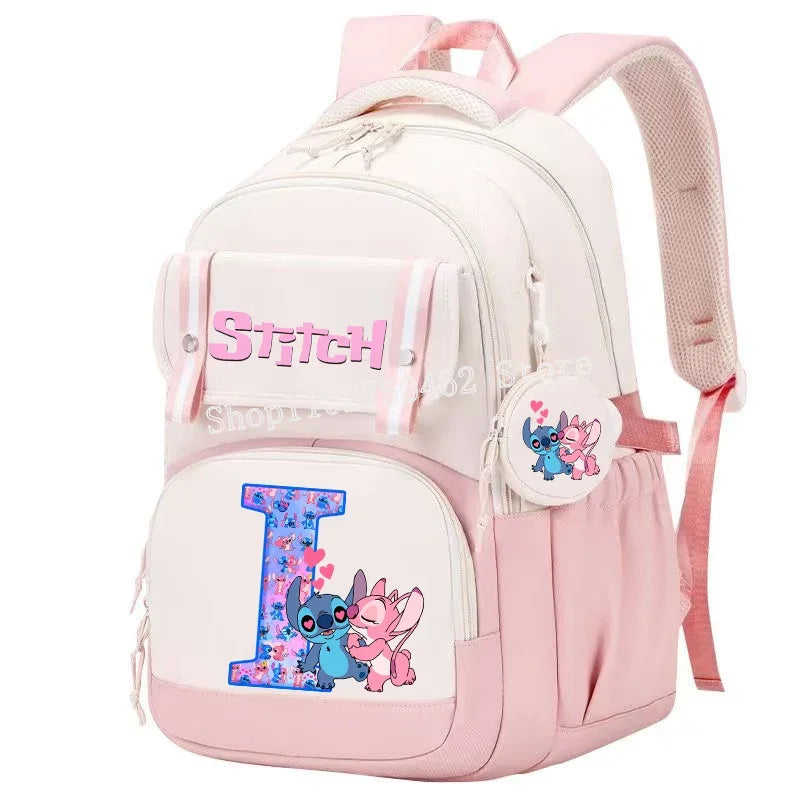 Stitch Angel Backpack Girls Disney Anime Letter A-Z Schoolbags Student School Shoulders Bag Outdoor Sport Travel Rucksack Gift