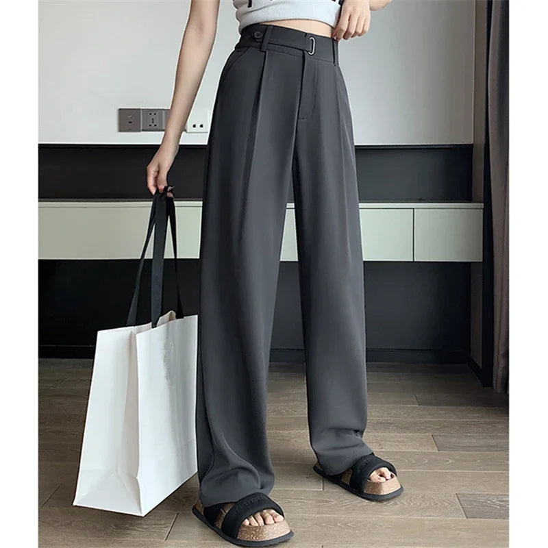 Seoulish Summer Women's Casual Pants Wide Leg Pants Elegant Office Lady 2024 New Solid Color High Waist Loose Bukser Kvinne