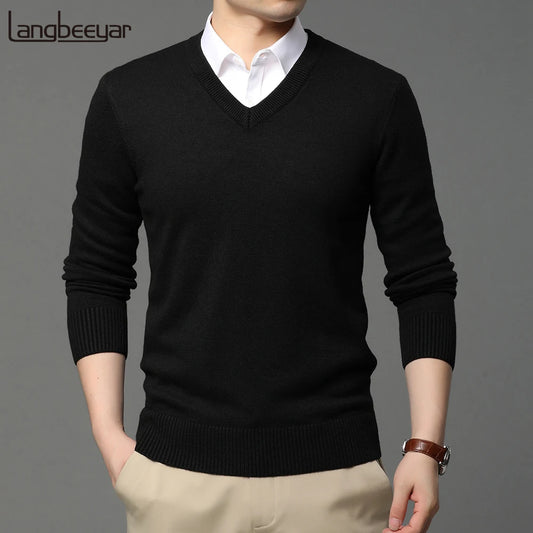 2025 Alta calidad NUEVA Fashion Woolen Knit Pulever V Neck Sweater Negro para hombres Autum Invierno Invierno Jumper Men Ropa