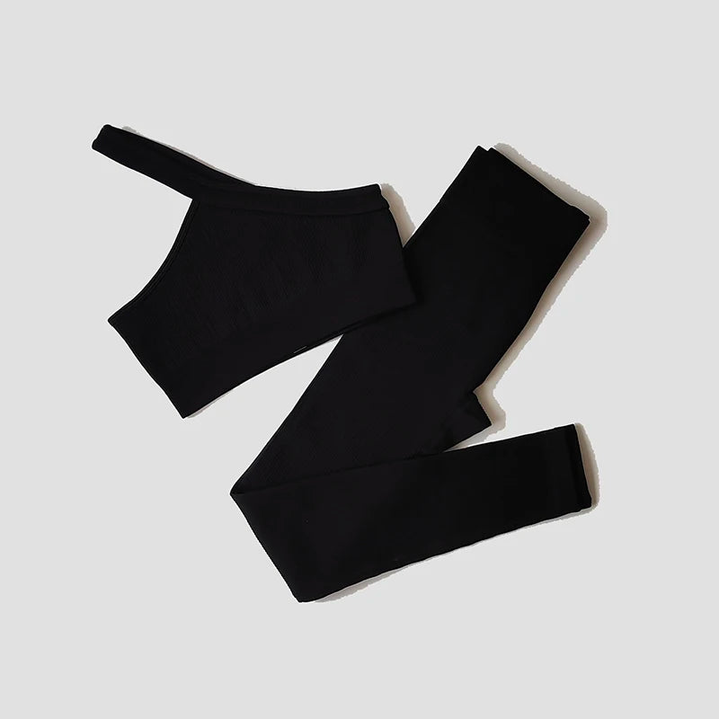 Women Yoga Set Gym Clothing Tracksuit Long Sleeve Crop Top One Shoulder Bra High Waist Seamless Leggings Fitness Sports Suits