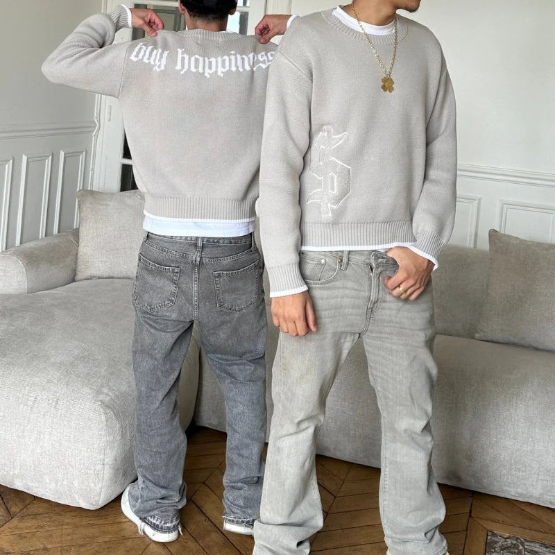 Y2k harmaa pitkähihainen villapaita dollarin goottilainen kirjonta pullover goth retro rento katuvaatteet vanhat rahat miehet boxy neulottu vaatteet