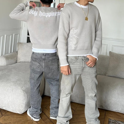 Y2k harmaa pitkähihainen villapaita dollarin goottilainen kirjonta pullover goth retro rento katuvaatteet vanhat rahat miehet boxy neulottu vaatteet